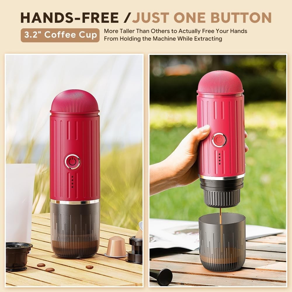Portable Espresso Maker 19Bar Self-Heating USB-C Travel Coffee Machine Red