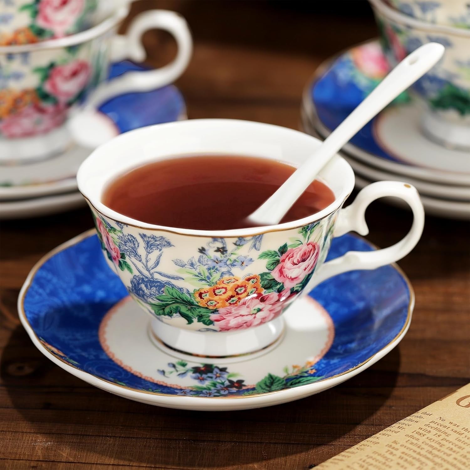 15 Piece Bone China Tea Set Floral Teapot Cups Saucers Vintage Afternoon Tea