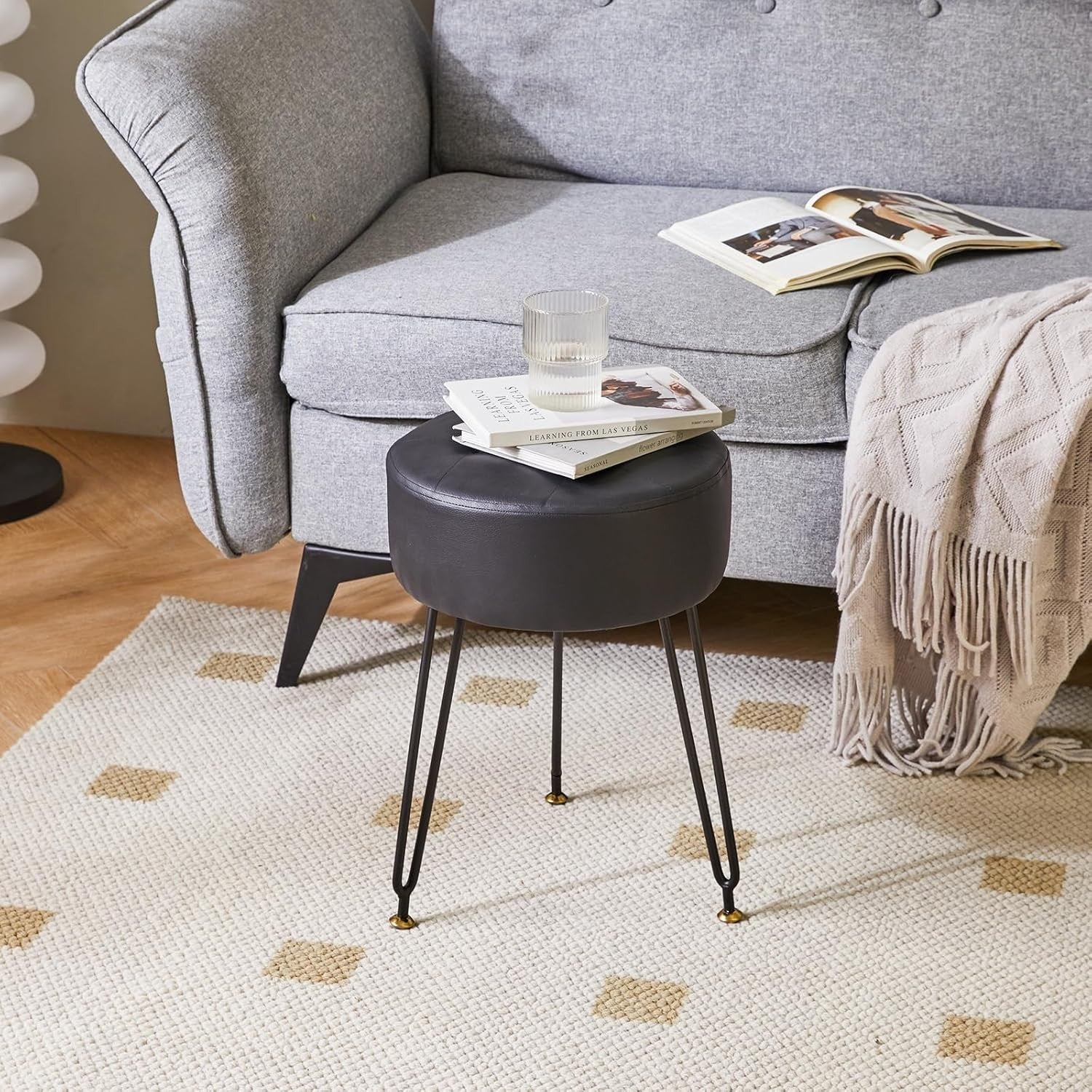 Black PU Round Footrest Stool – Velvet-Soft Vanity Seat with Gold Legs