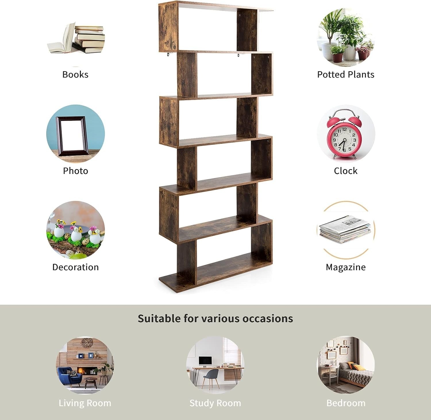 S Shaped 6 Tier Wooden Bookcase Freestanding Display Storage Shelf Rustic Brown