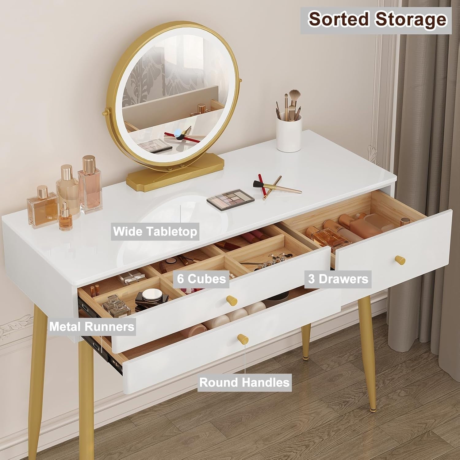 Modern Vanity Makeup Dressing Table Set LED Mirror 3 Drawers Stool White/Gold