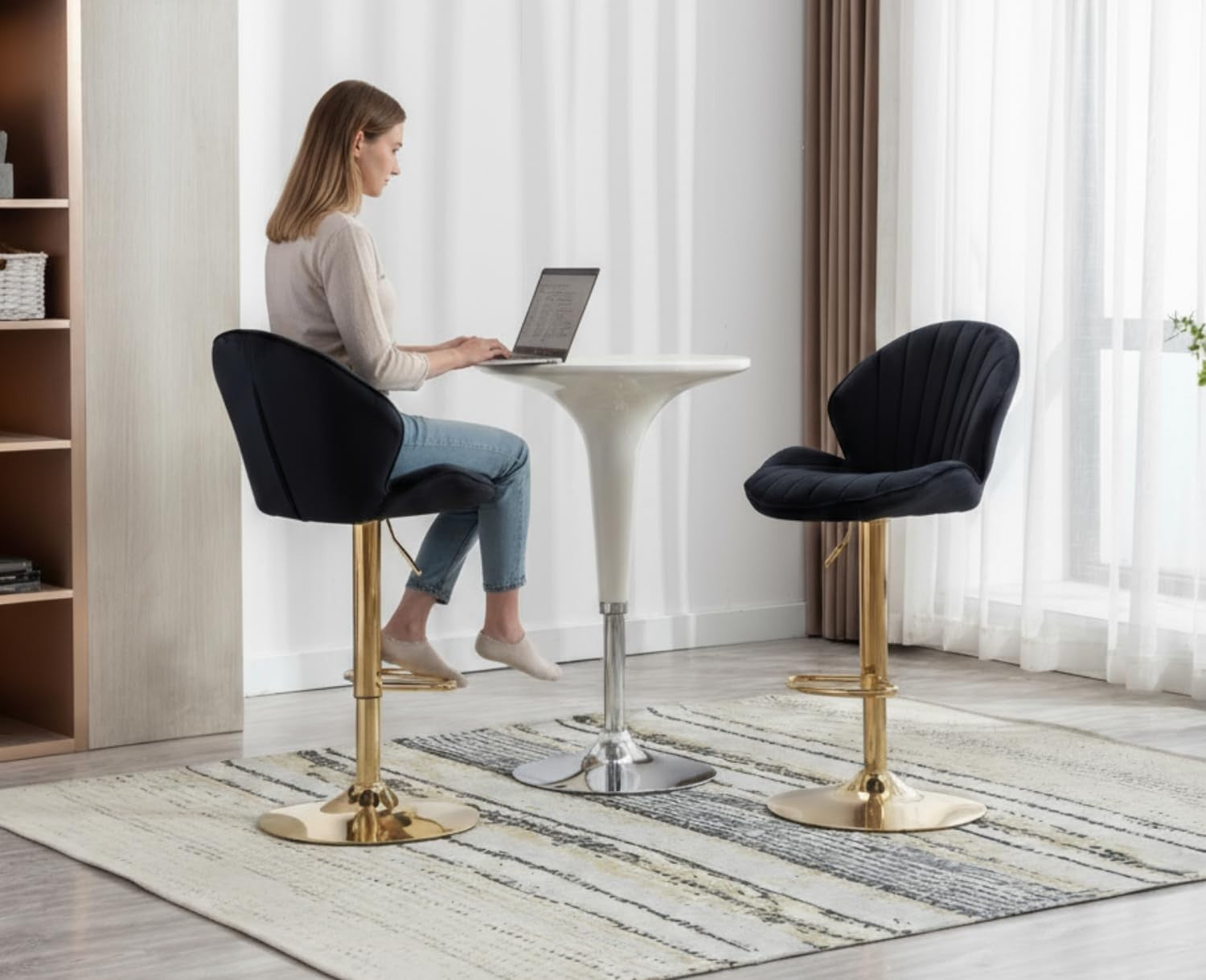 Black Velvet Swivel Bar Stools Set of 2 Adjustable Kitchen Counter Chairs