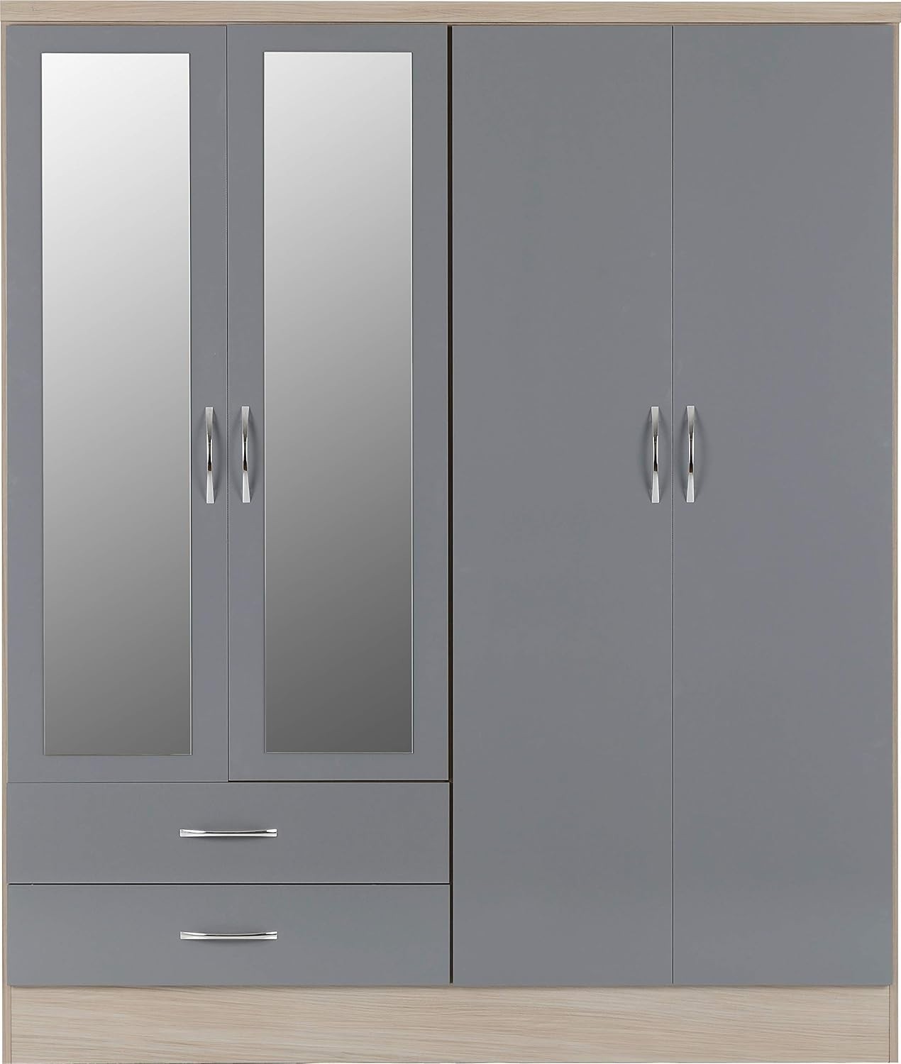 Grey Gloss 4 Door Wardrobe with 2 Drawers Large Storage Bedroom Closet
