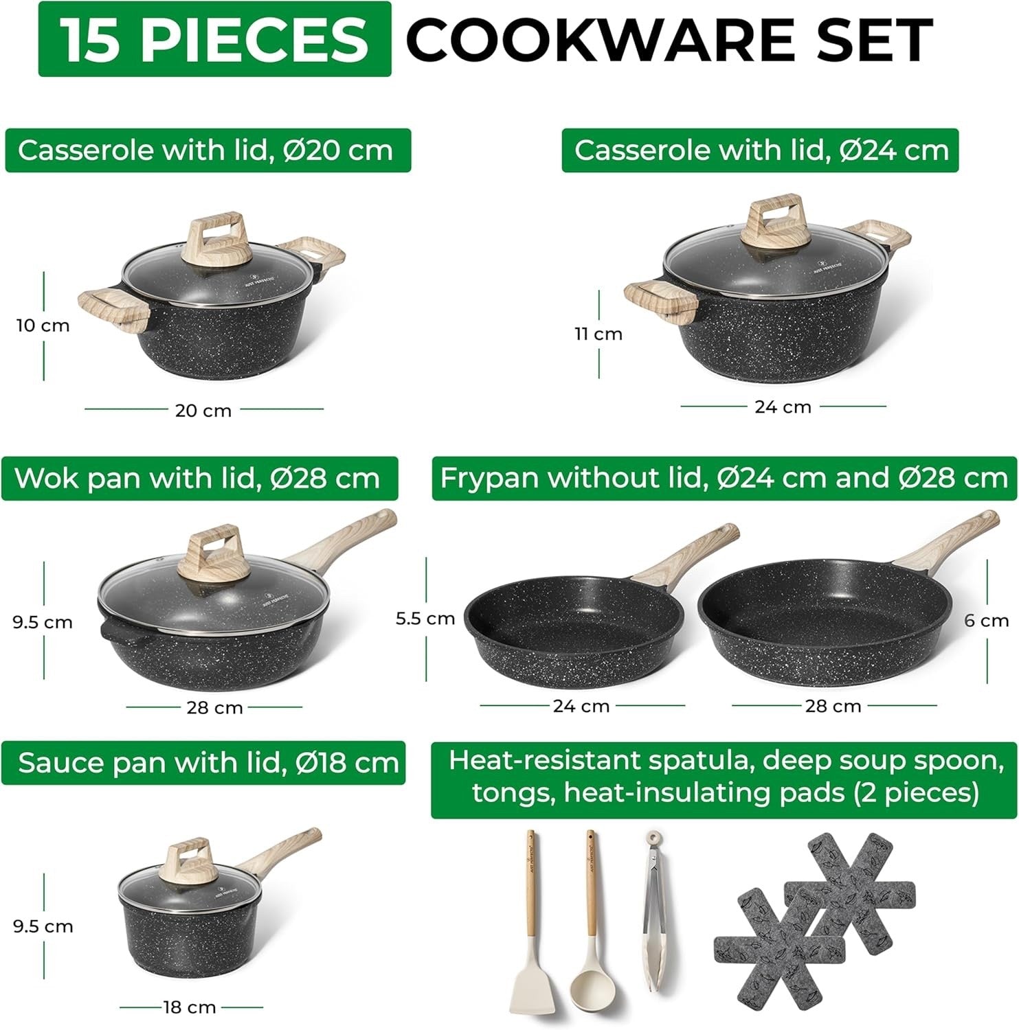 15pcs Black Granite Induction Non Stick Cookware Set Pots & Pans Kitchen Set