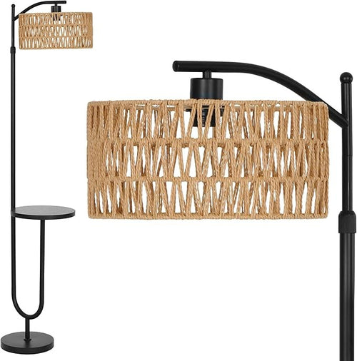Floor Lamp with Shelf Rattan Standing Light Adjustable Height Boho Black