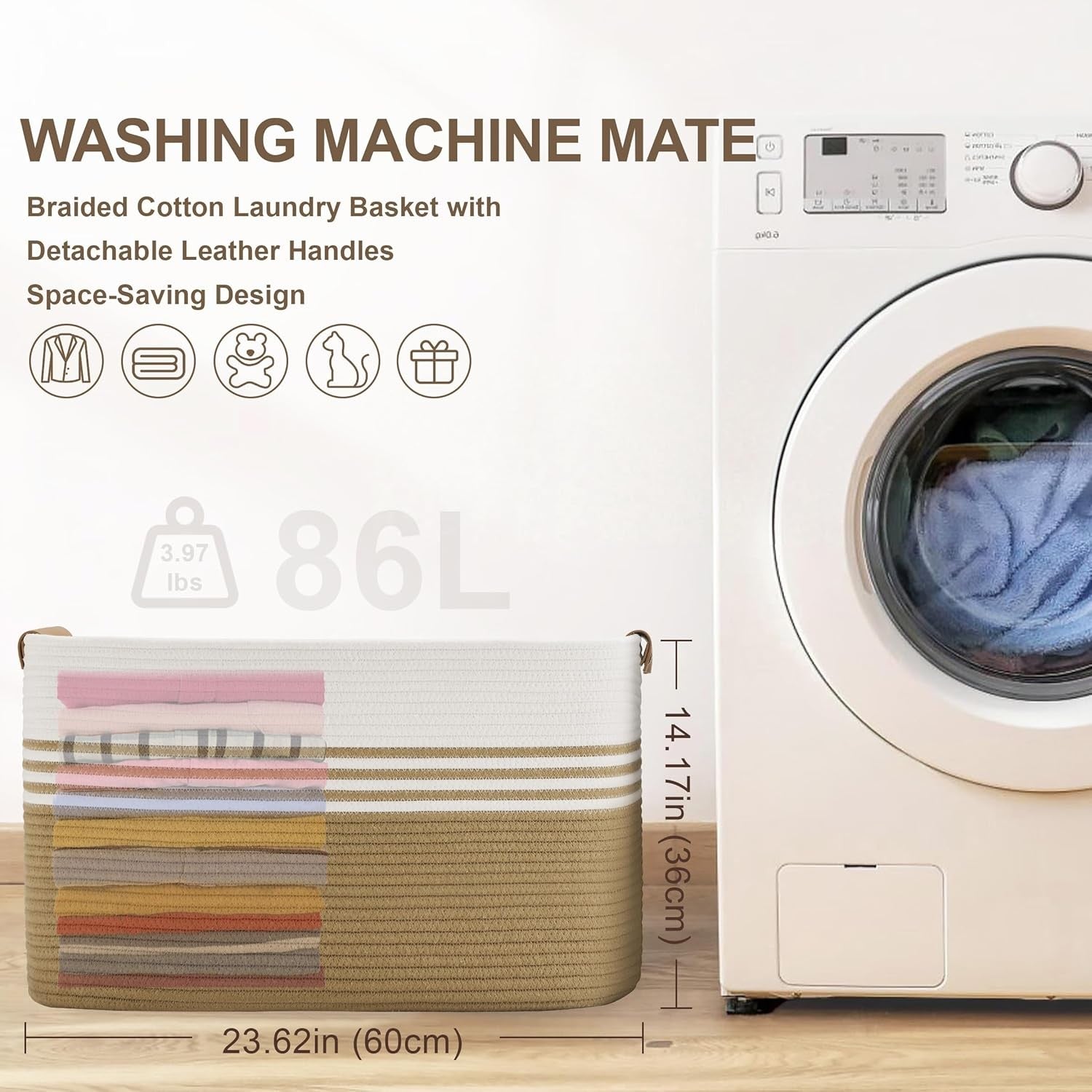 86L Large Woven Laundry Hamper with Leather Handles, Blanket & Clothes Storage –