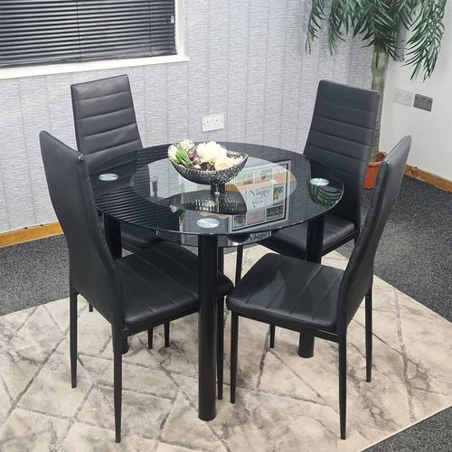 Round Glass Dining Table Set with 4 Faux Leather Chairs Black Modern
