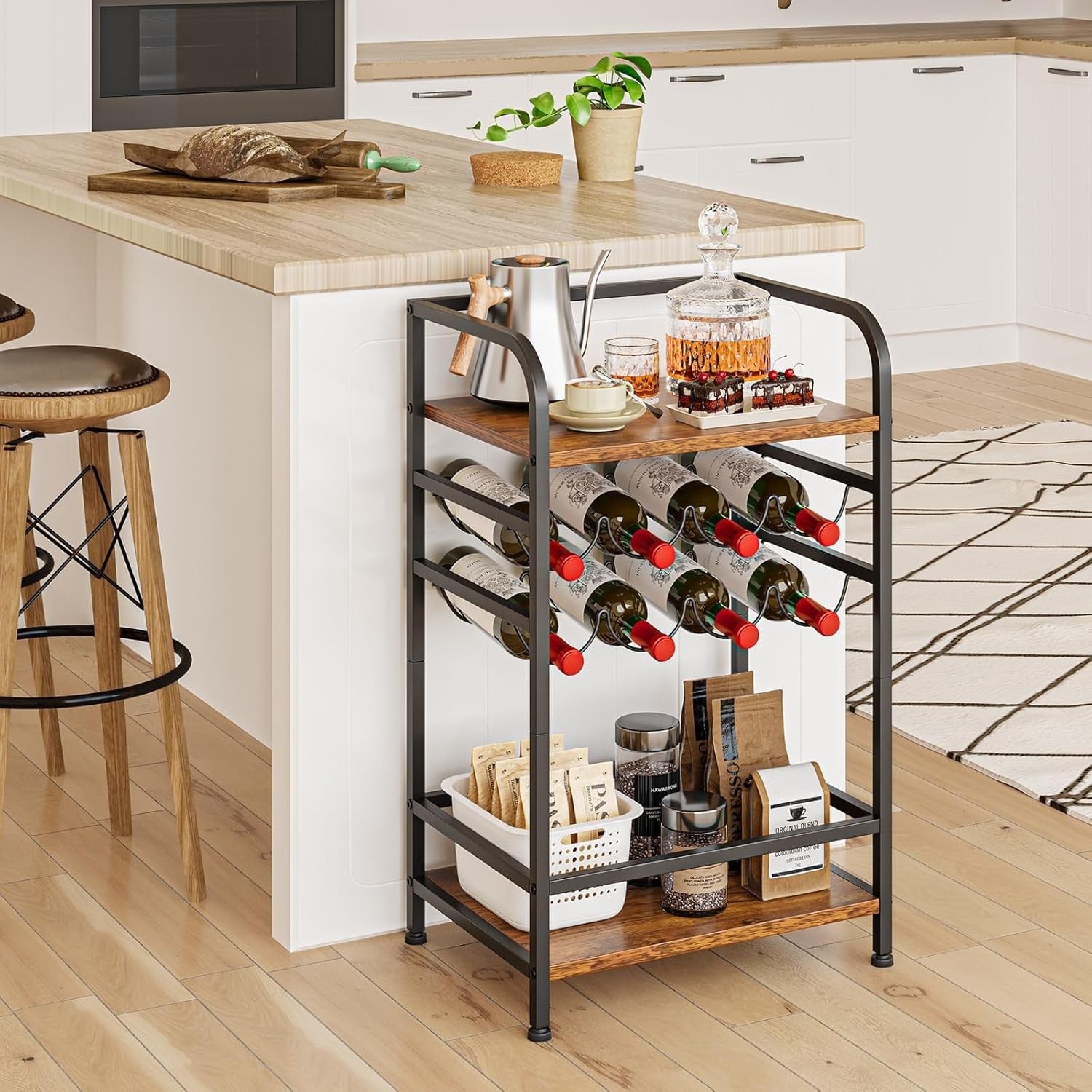 Free Standing Wine Rack with Shelves & Table Top 8 Bottle Storage Metal Wood Bar