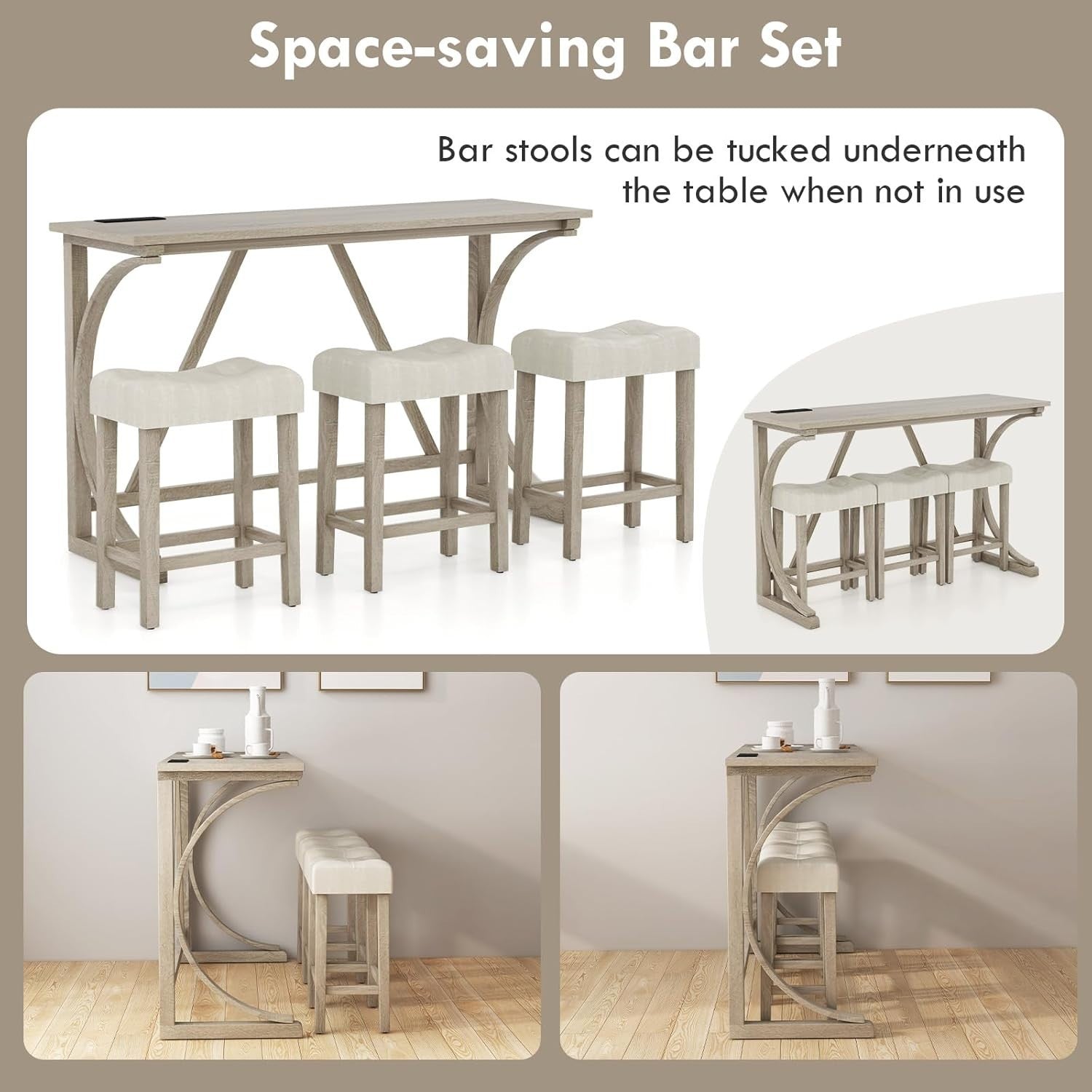 Counter Height Bar Table Set with Power Outlet, 4-Piece Dining Set with Stools