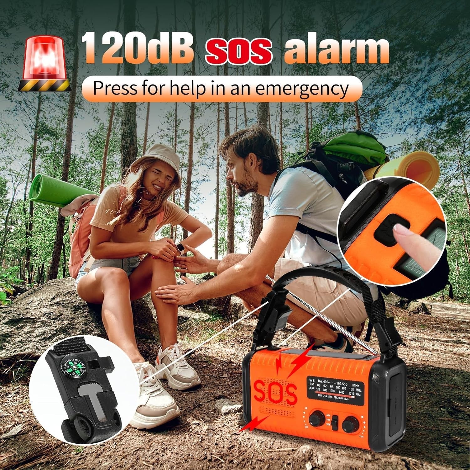 Wind Up Solar Emergency Radio 20000mAh AM/FM NOAA SOS Torch Orange