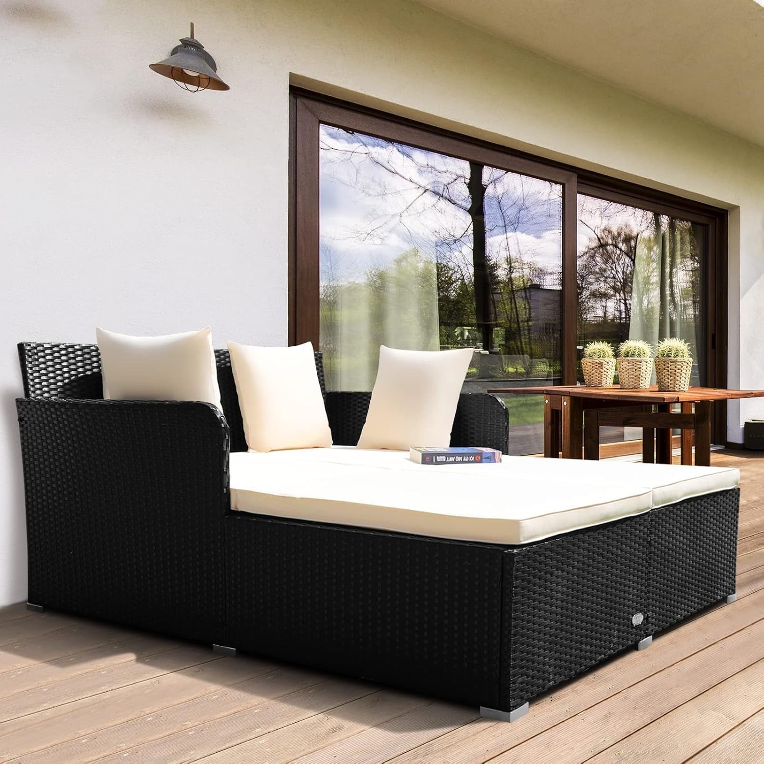 White 2-Seater Rattan Outdoor Daybed with Cushions, Patio Sofa & Sun Lounger