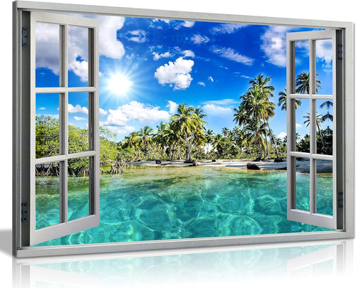 3D Window Beach Canvas Wall Art Large Coastal Sea Print Living Room 36x24