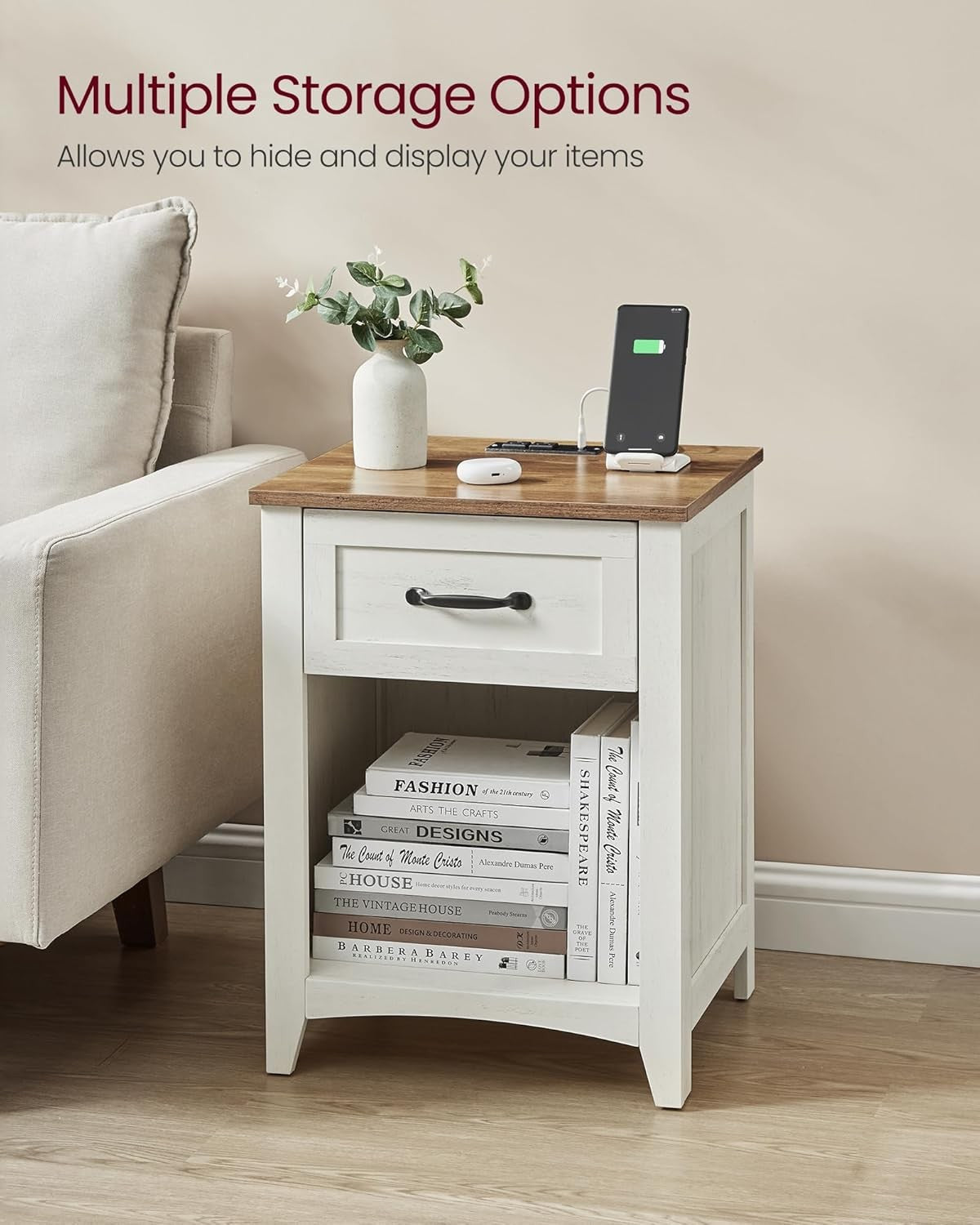 Farmhouse Bedside Tables Set of 2 with Drawer & Charging Station, Rustic White