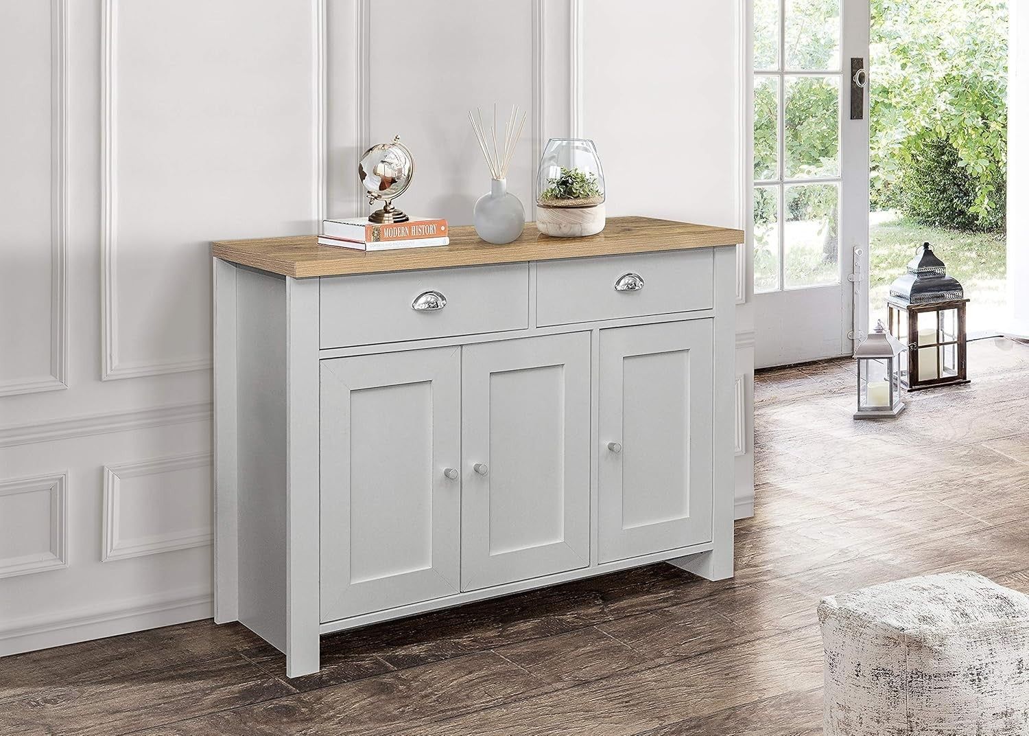 Grey 3 Door Sideboard with 2 Drawers & Oak Top | Storage & Farmhouse Style