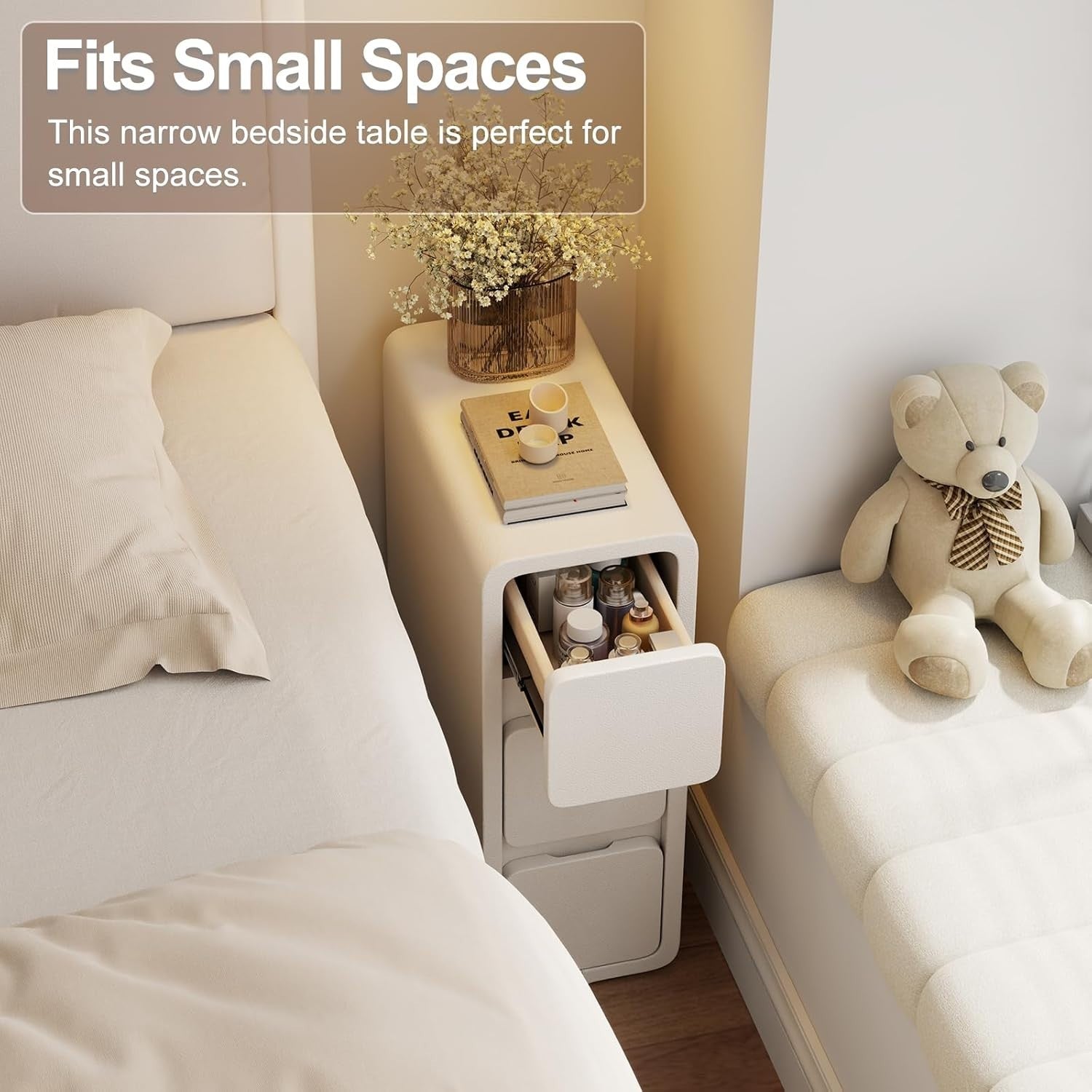 Modern Slim White Nightstand with 3 Drawers, Narrow Leather
