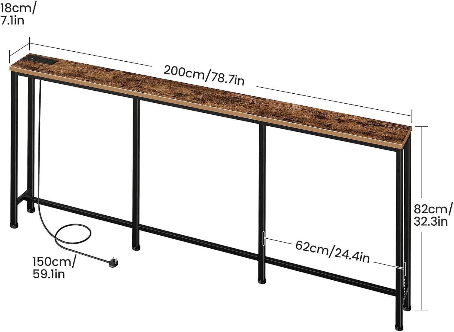 Slim Rustic Console Table with Power Outlet & USB Ports, 200x18x82cm