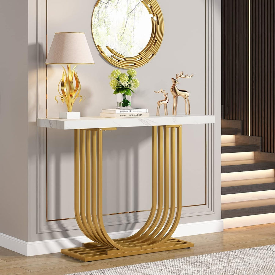 Modern Gold Console Table Faux Marble Top 100x30x82cm Hallway Foyer Desk