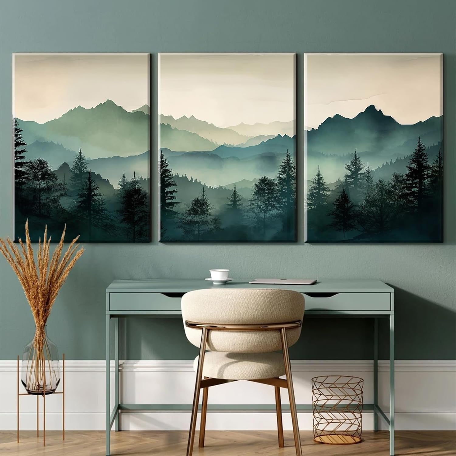 Sage Green Mountain Forest Wall Art Set of 3 Framed 12x16in