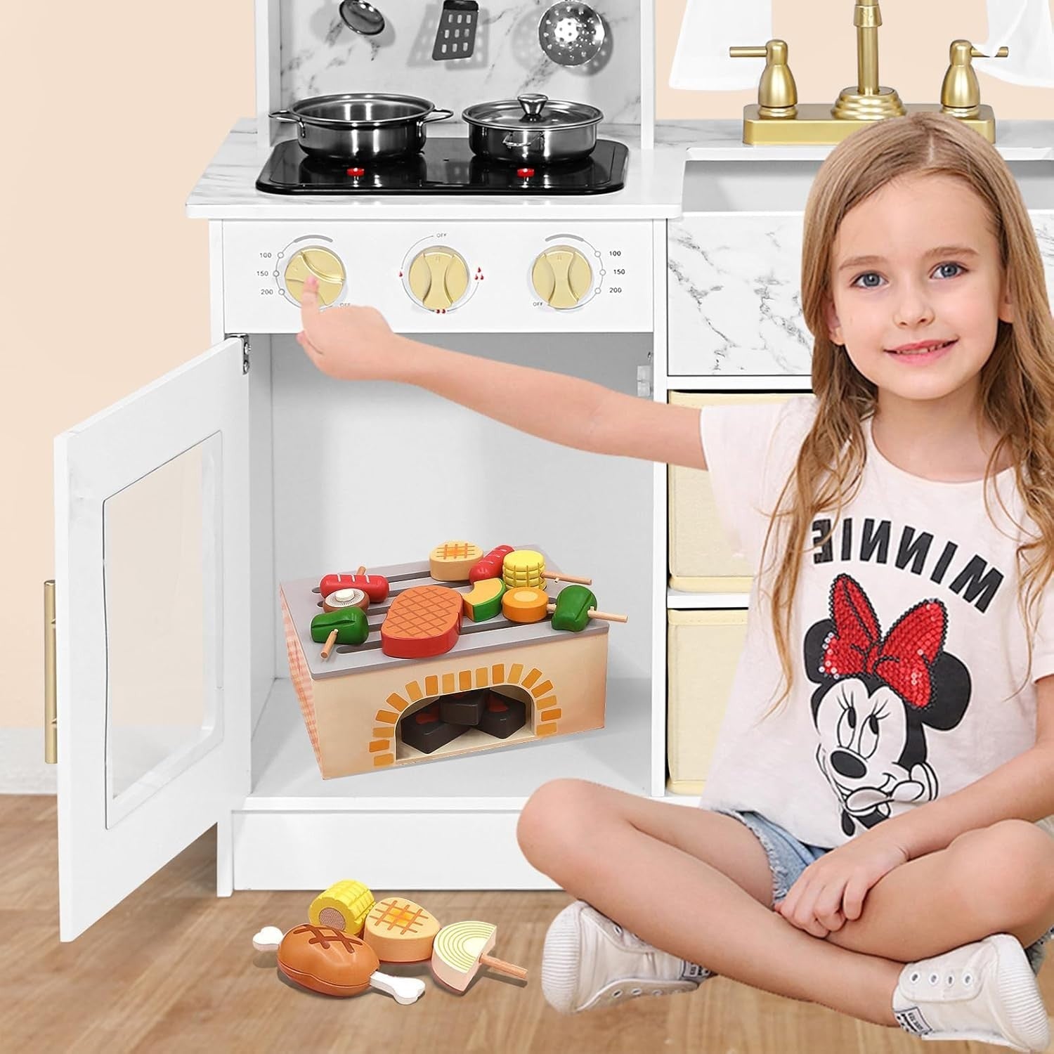 Large Wooden Kids Play Kitchen White Lights Sounds Toy Kitchen Set