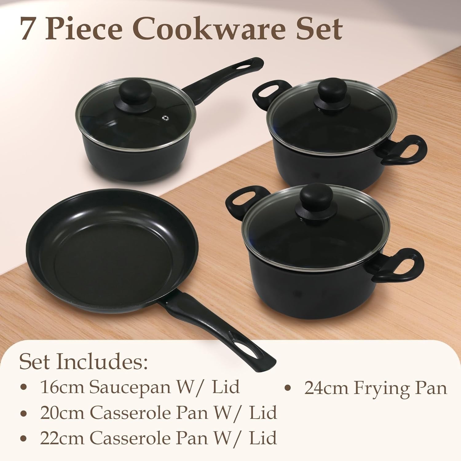 7Pcs Black Carbon Steel Non Stick Cookware Set Pots and Pans with Glass Lids