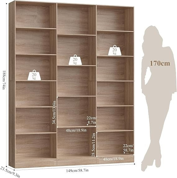 Tall 6-Tier Bookshelf with 17 Compartments Oak Storage Display Unit 188cm