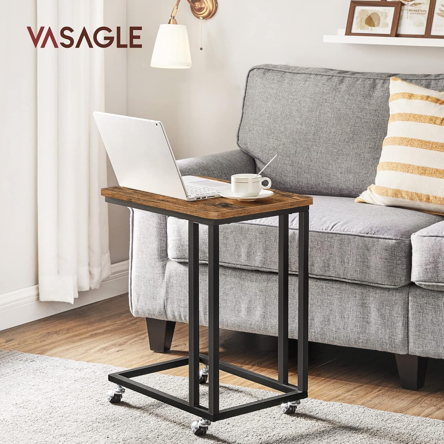 Industrial C Side Table with Wheels, Rustic Wood Top, Sofa Laptop Stand
