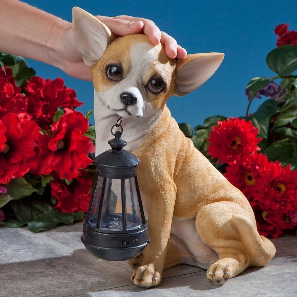 Dog Solar Lantern Statue Chihuahua Resin Garden Light LED