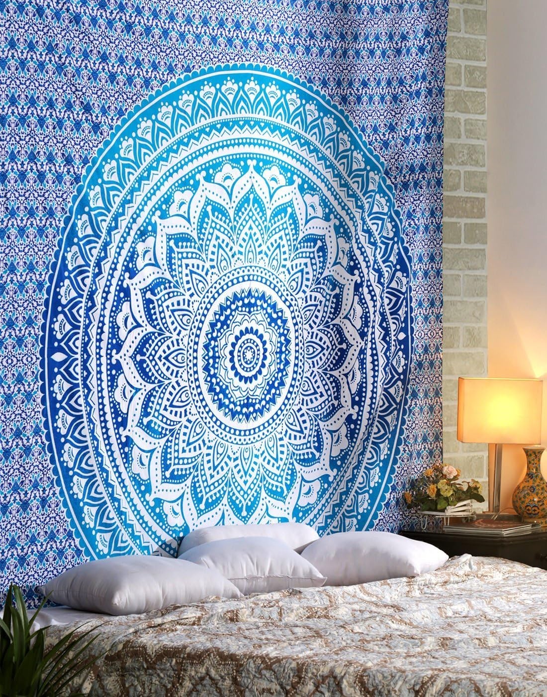 Blue Ombre Mandala Cotton Tapestry 213x230cm Boho Wall Decor