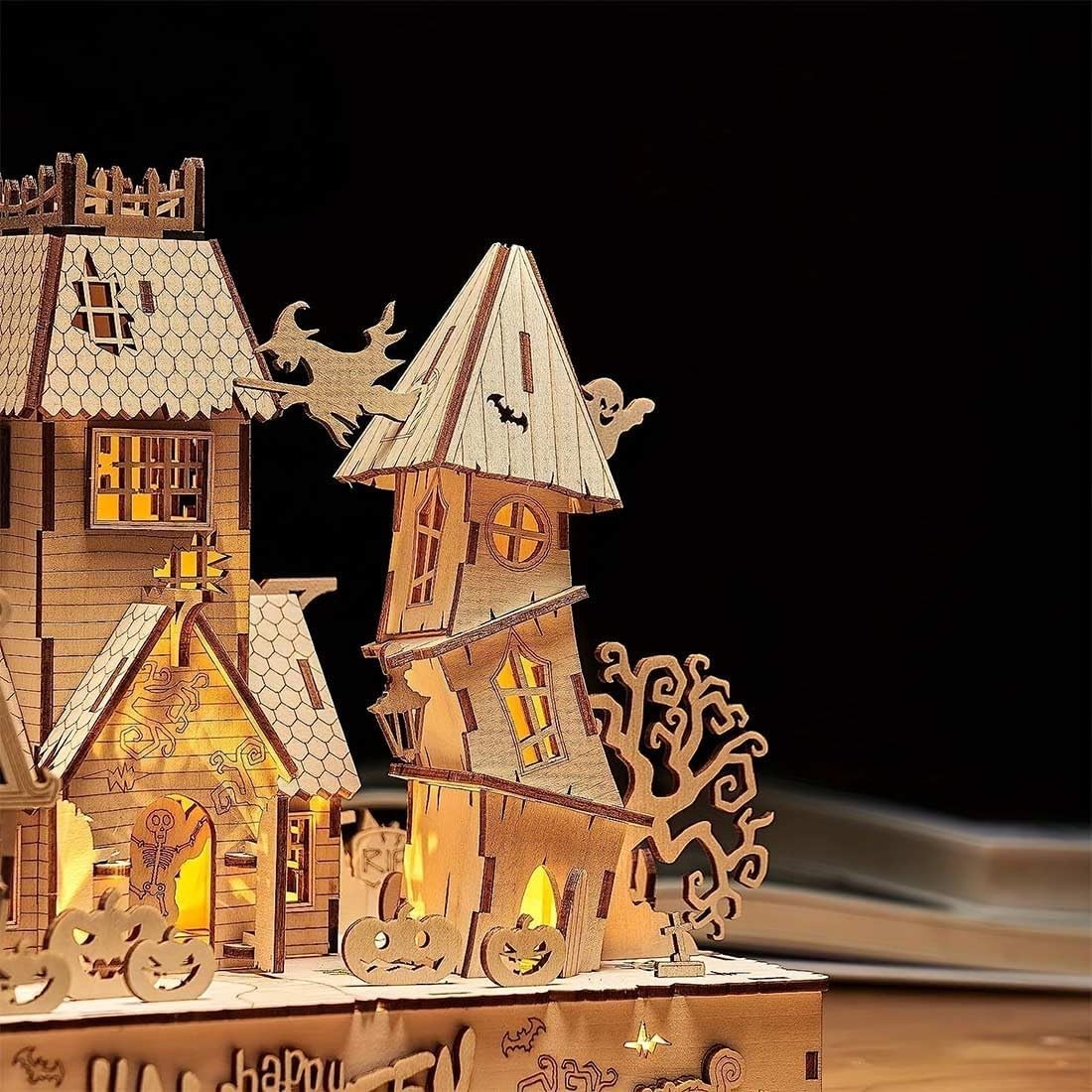 3D Wooden Halloween House Puzzle w/ LED Light | DIY Craft Kit Adults