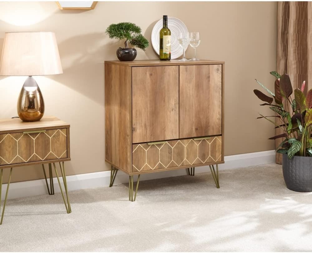 Modern Gold Bar Cabinet with Wine Rack & Drawer | Home Drinks Sideboard Unit