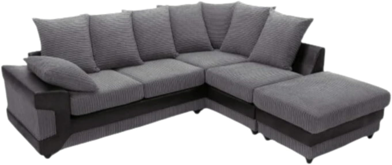 5 Seater Corner Sofa Black & Grey L Shape Couch Fabric Leather Modern