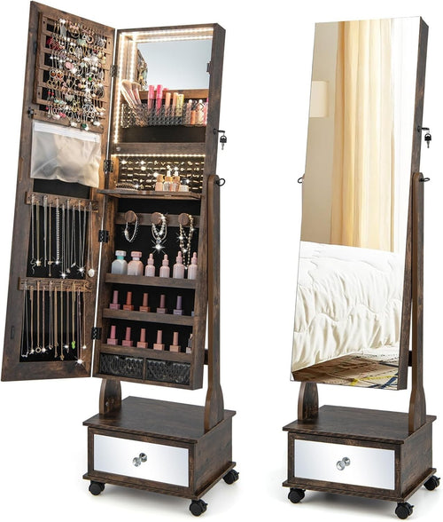 Rustic Brown LED Jewelry Armoire Mirror Lockable Rolling Storage Cabinet
