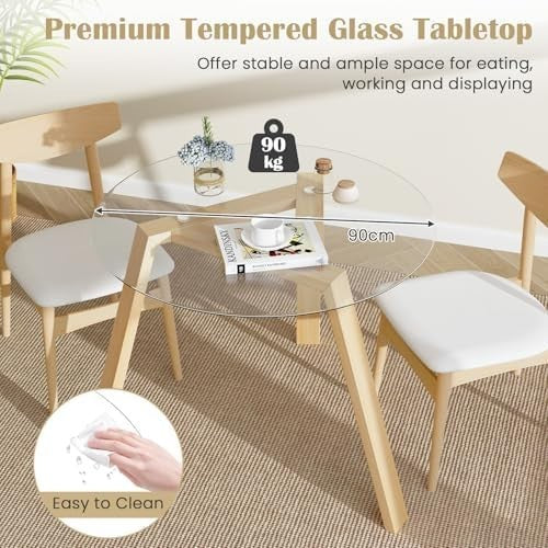 Round Glass Dining Table 90cm Natural Rubber Wood Frame Modern