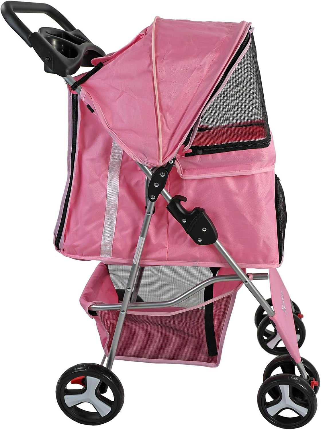 Pet Travel Stroller Dog Cat Pushchair Foldable Swivel Wheels 15kg Pink