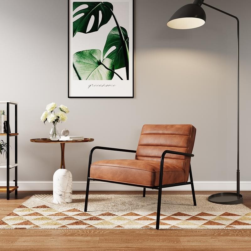 Tan PU Leather Accent Armchair Deep Seat Black Metal Frame Modern