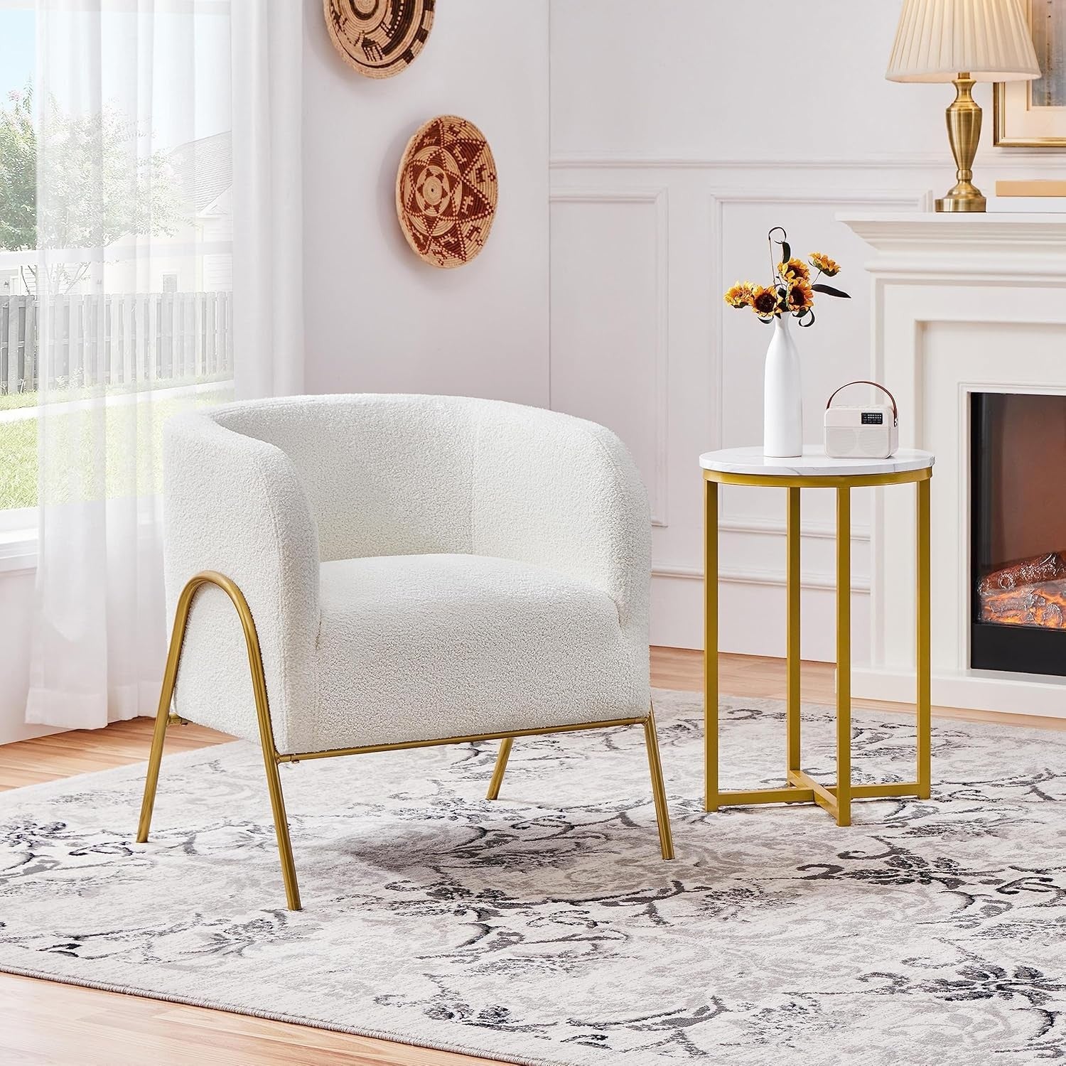Boucle Tub Chair Ivory Accent Barrel Chair Gold Metal Legs