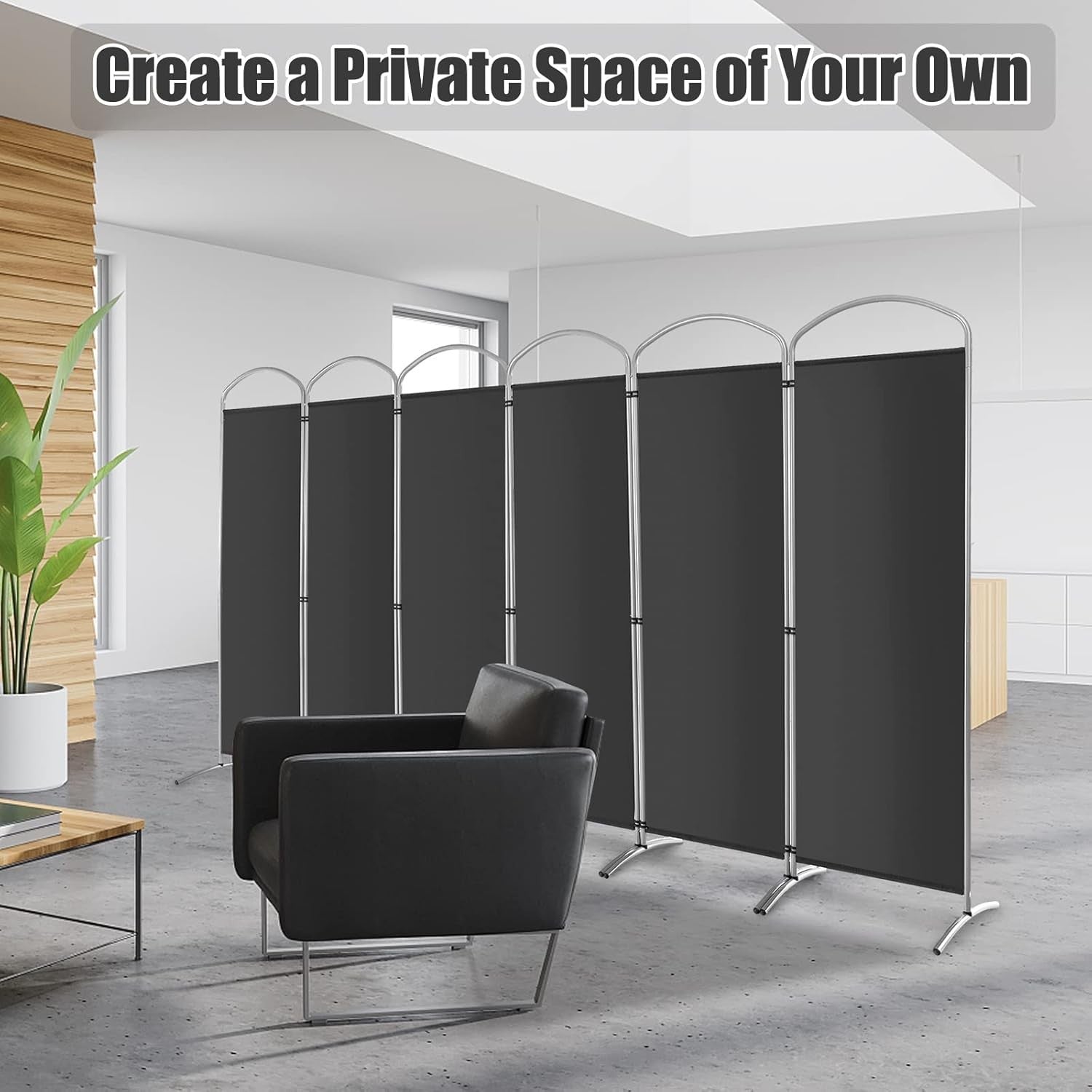 6 Panel Grey Folding Room Divider Privacy Screen for Bedroom Office 188cm High
