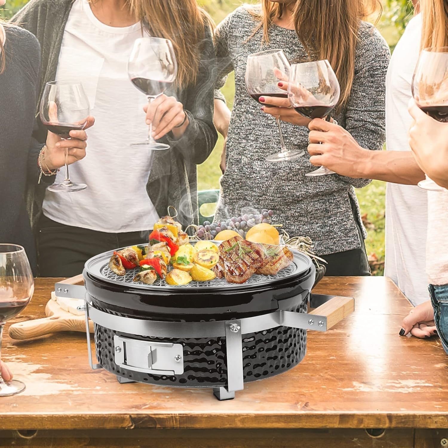 Round Ceramic Charcoal Tabletop BBQ Grill Portable Indoor Outdoor Camping Garden