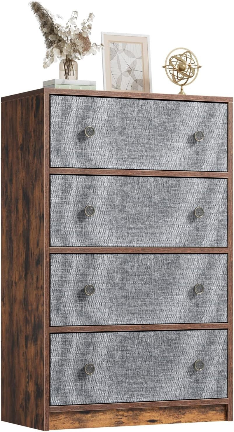 4 Drawer Fabric Chest Grey Rustic Wood Storage Unit for Bedroom Hallway