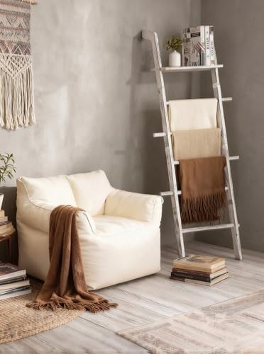 67in White Wood Blanket Ladder with Top Shelf Hooks 5-Tier Farmhouse Rack