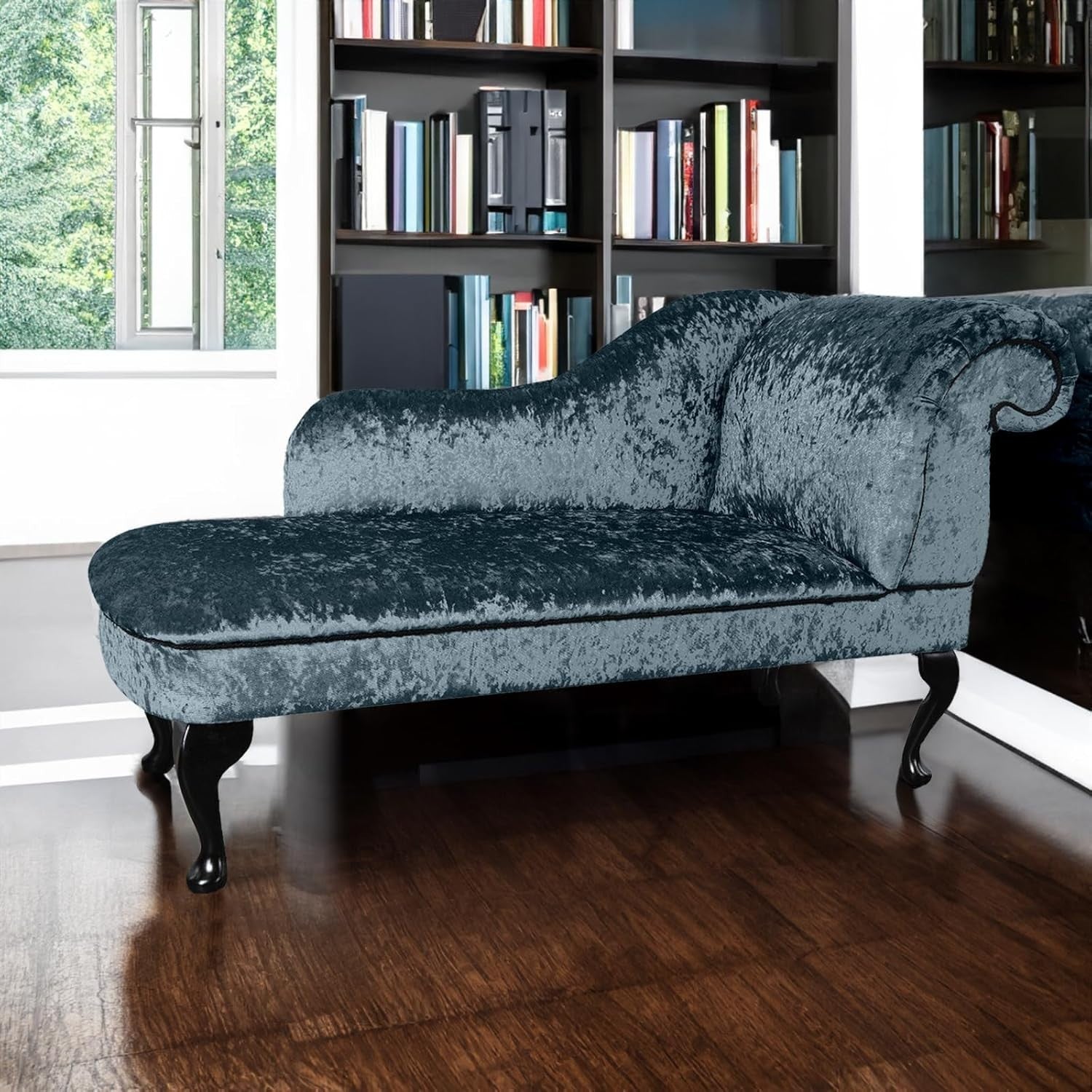 Luxury Left Hand Velvet Chaise Lounge Chair Midnight with Queen Anne Legs