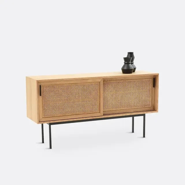 Modern Oak & Rattan Sideboard Cabinet – 160cm Storage Unit with Sliding Doors