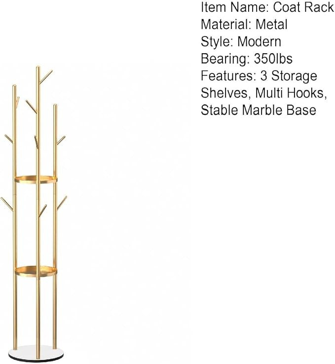 Luxury Gold Coat Rack Stand | Marble Base Hall Tree with 3 Shelves & Hooks