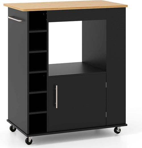 Kitchen Storage Trolley on Wheels Cabinet Island Cart Wine Rack Bamboo Top