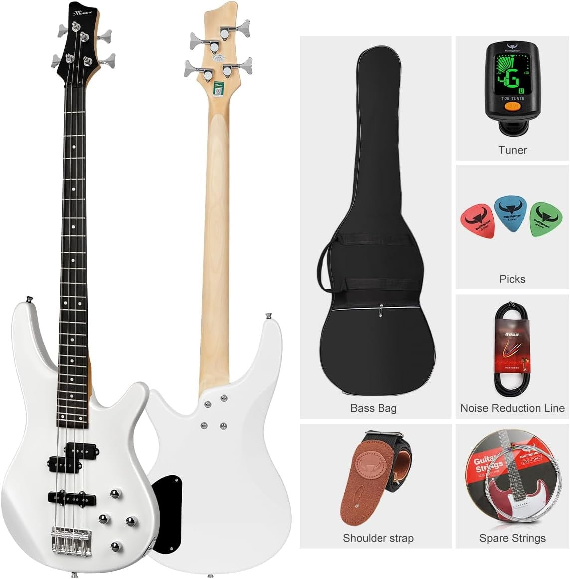 Full Size 4 String Electric Bass Guitar Starter Kit P Style White