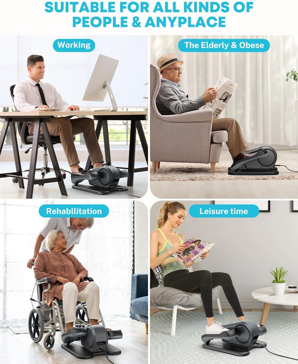 Under Desk Elliptical Pedal Exerciser Quiet Remote Auto Manual 16 Speed