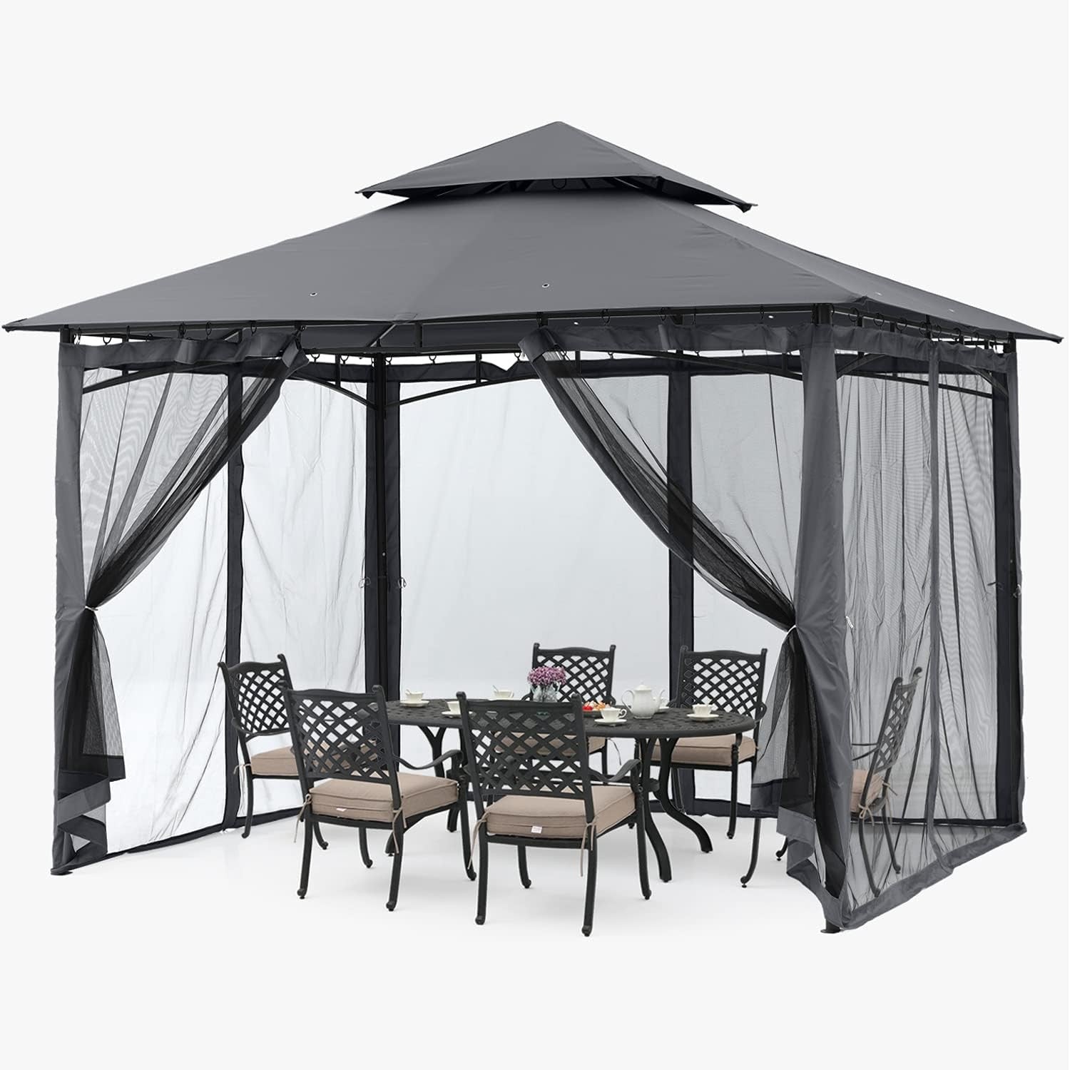 3x3M Grey Outdoor Gazebo With Netting Double Roof Waterproof Garden Patio Tent