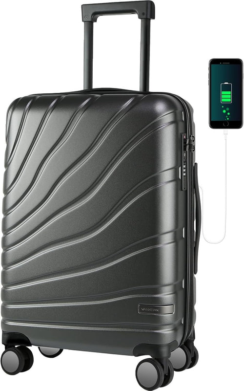 Dark Grey 20 Inch Carry On Suitcase PC Hard Shell Expandable Spinner TSA