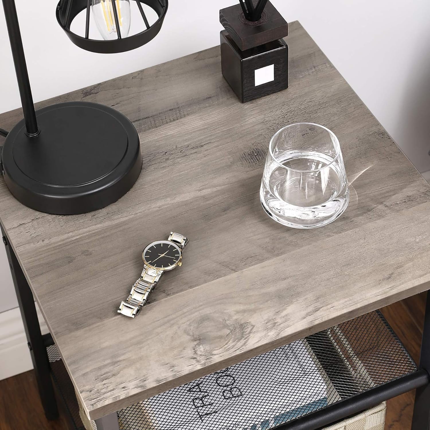 Industrial Side Table with Adjustable Mesh Shelves, Modern Bedside End Table
