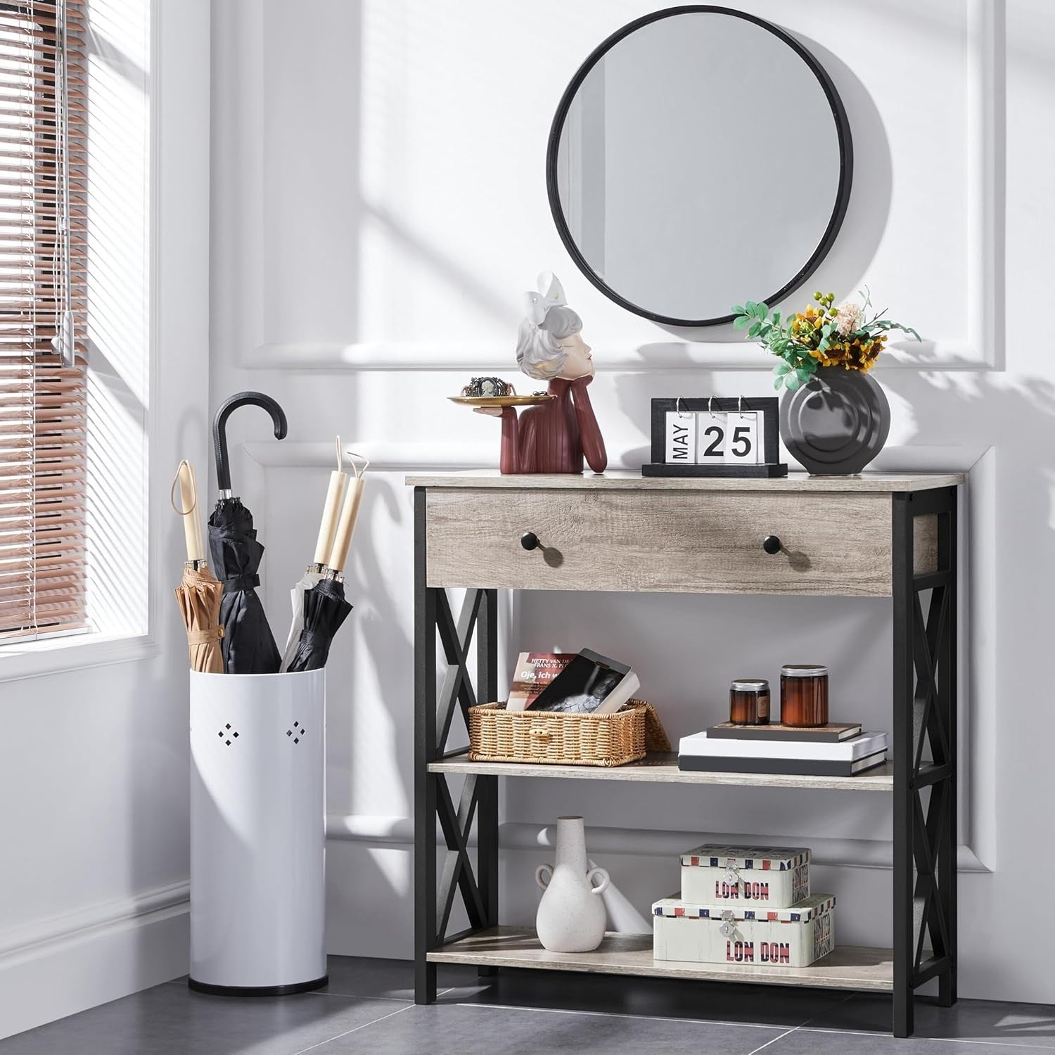 Compact Grey Console Table with Drawer & 2 Shelves, 80x29.5x81cm, Stylish